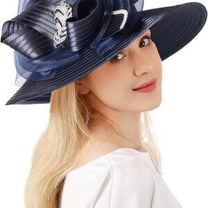 Women Derby Hat Wide Brim Fedora with Rhinestone Bow Church Party Accessory